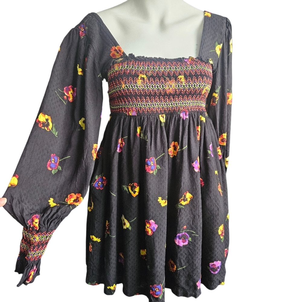 Urban Outfitters Isobel Smocked Mini Frock Dress Black Floral Medium Whimsygoth